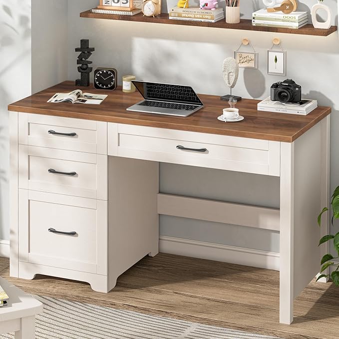 Vabches Farmhouse 47" Executive Desk with File Drawer, Wood Computer Desk with 3 Storage Drawers, Workstation for Home Office, Study, Writing.