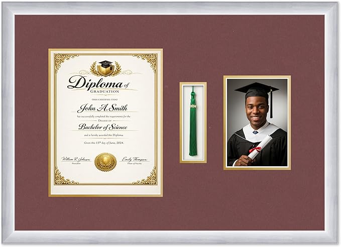 CountryArtHouse Diploma Tassel and Photo Shadowbox Fits 8.5 x 11 Certificate (Portrait) with Tassel H Stainless Silver Genuine Hardwood with Dark Red Over Metallic Gold Double mat