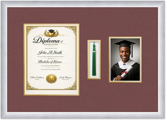 CountryArtHouse Diploma Tassel and Photo Shadowbox Fits 8.5 x 11 Certificate (Portrait) with Tassel H Stainless Silver Genuine Hardwood with Dark Red Over Metallic Gold Double mat