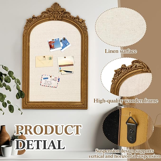Vintage Framed Pin Board Linen Display Bulletin Board Large Cork Fabric Picture Photo Pinboard Memo Ornate Decorative Pinboard Ornate for Wall Gift(Arch,20'' X 30'',Classic Gold)