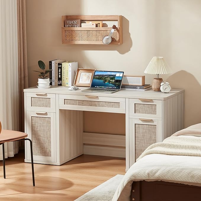 LEYAOYAO Office Desk 56" with 5 Drawers Storage File Cabinet Rattan Wood Desk for Computer Office Bedroom Home Furniture Light Gray