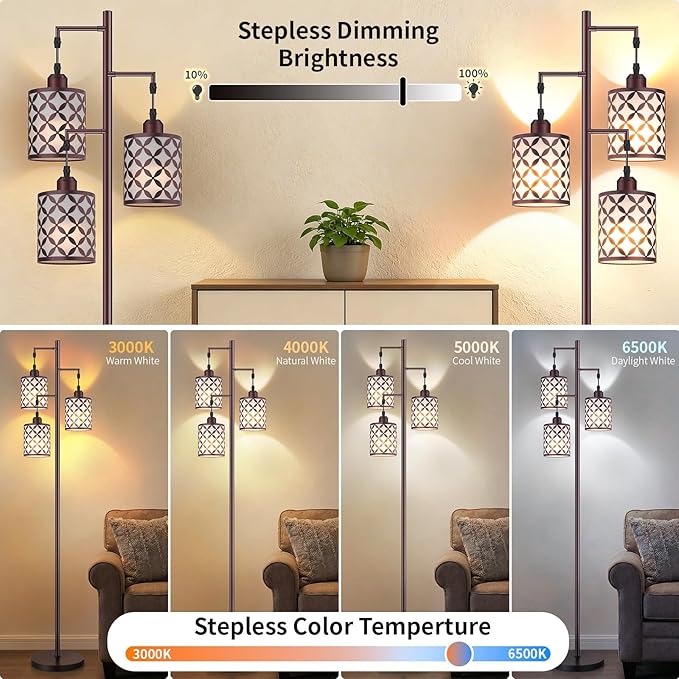 New Upgraded 72" Tall Dimmable Floor Lamp, 3 x 800LM 9W LED Bulbs Included, Farmhouse Standing Lamp with Remote Control, Industrial Tree Pole Floor Lamps for Living Room, Bedroom, Study Room - Brown
