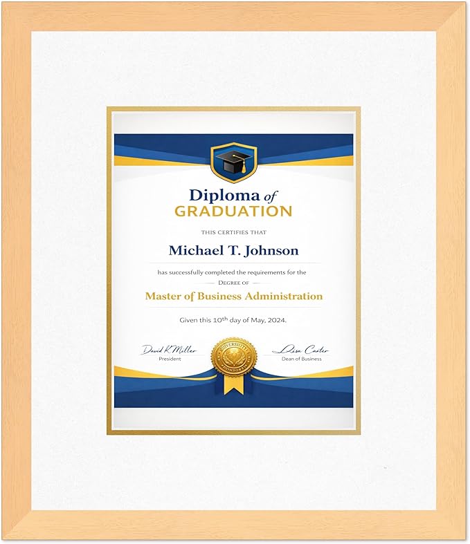 Diploma Frame Natural Wood with Oyster Shell Over Gold Double Mat - Fits 8.5 x 11 Certificate (Portrait) Wall Display Made in the USA