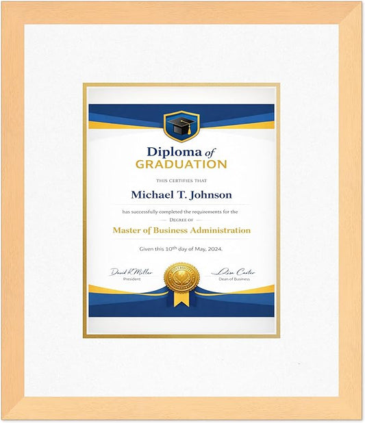 Diploma Frame Natural Wood with Oyster Shell Over Gold Double Mat - Fits 8.5 x 11 Certificate (Portrait) Wall Display Made in the USA