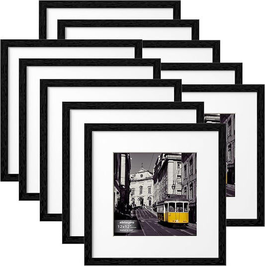eletecpro 12x12 Picture Frames Set of 10, Gallery Wall Frames Display 8x8 Photo with Mat or 12x12 without Mat, Picture Frame Collage Wall Decor for Wall Mounting, Black