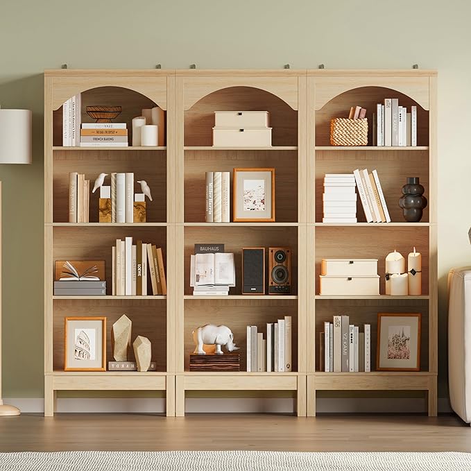 Arched Bookshelf with 4 Tier Open Shelves, 56" Tall Wood Bookcase with Adjustable Shelves, 24" Wide Floor Standing Display Storage Shelf for Home Office, Kitchen, Study and Living Room, Natural Oak