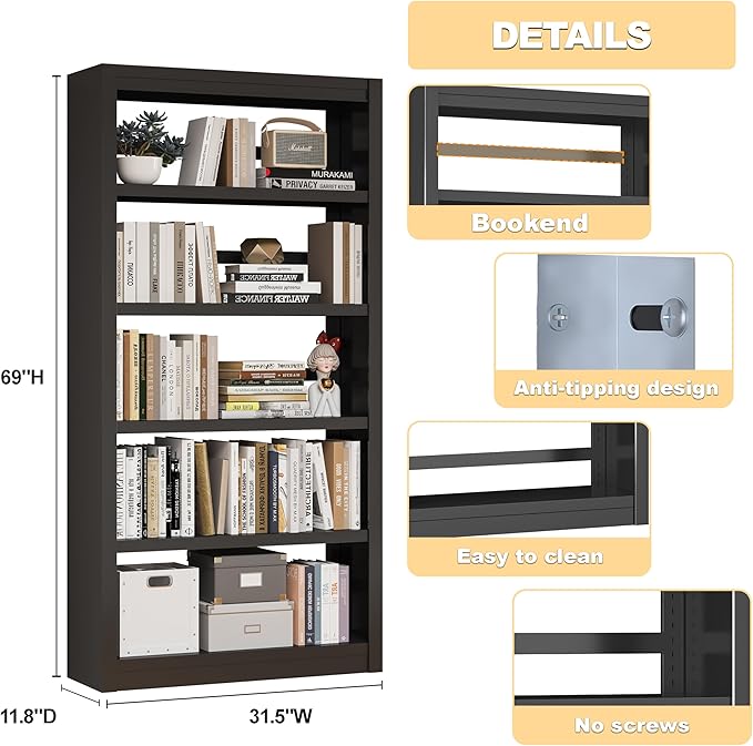 5 Tier Metal Bookshelf,69'' Tall Heavy Duty Bookcase with Adjustable Shelves,Black Large Modern Bookshelves,Industrial Open Bookcases for Library,Office,Study Room,Living Room