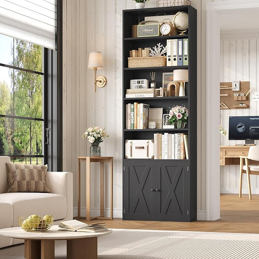 FACBOTALL 82" Tall Bookcase and Book Shelf, 24" Wide Bookshelf with Doors, 7 Tier Bookcase with Storage and Adjustable Shelf, Open and Display Farmhouse Bookshelf for Living Room, Home Office, Black