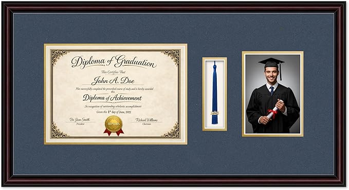 Diploma Tassel and Photo Frame Executive Brown Shadowbox Navy Blue Over Gold Mat - Fits 11.69 x 8.27 Degree Picture Made in the USA
