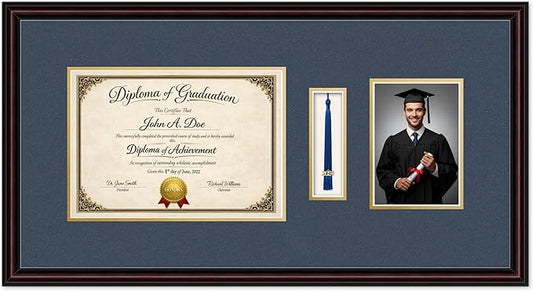 Diploma Tassel and Photo Frame Executive Brown Shadowbox Navy Blue Over Gold Mat - Fits 11.69 x 8.27 Degree Picture Made in the USA