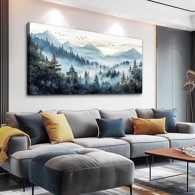 FUHAIHUA Large Wall Decor For Living Room Canvas Wall Art For Office Modern Wall Decorations For Bedroom Forest Fog Landscape Painting Mountain Pictures Artwork Room Home Decor 24x48 In
