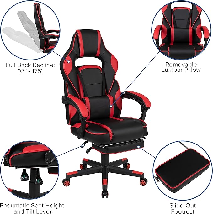 Flash Furniture X40 Gaming Chair Racing Ergonomic Computer Chair with Fully Reclining Back/Arms, Slide-Out Footrest, Massaging Lumbar - Red