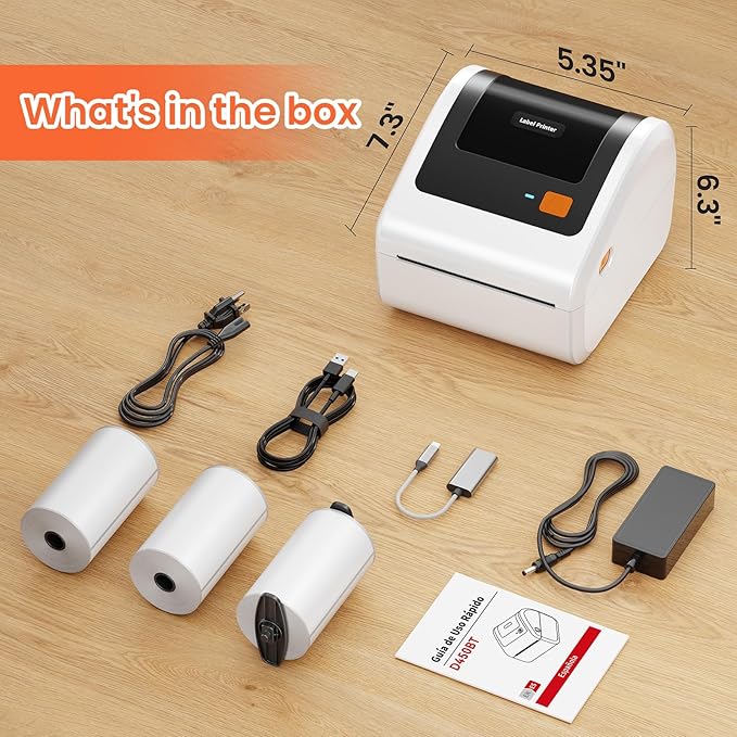 Bluetooth Shipping Label Printer with 1 Roll Labels - D520BT Thermal Label Printer, Thermal Printers with Built-in Label Holder, Come with 500PCS 4x6‬ White Labels (500 Labels/Roll)
