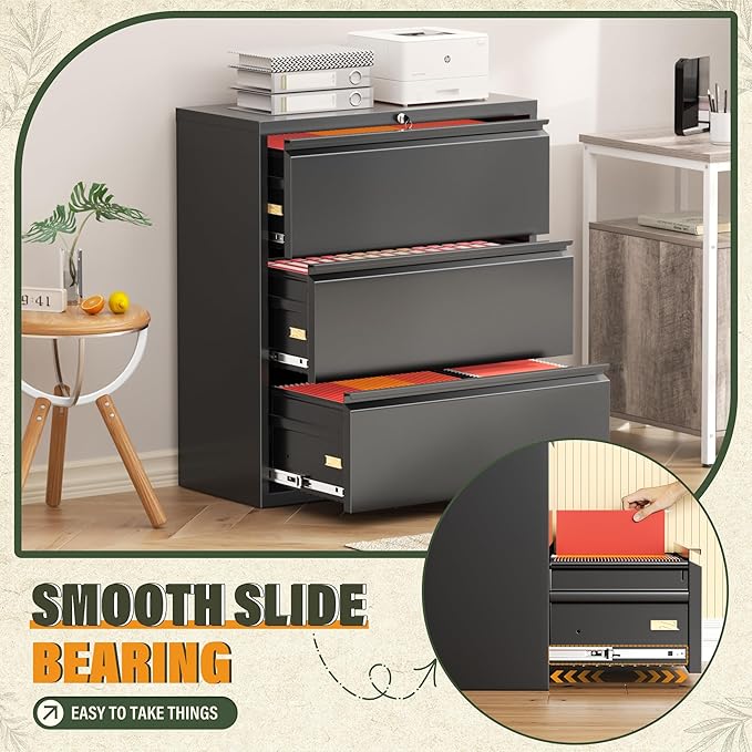 Greenvelly Lateral File Cabinet 3 Drawer, Lockable Metal Filing Cabinets for Home Office, Black Metal File Cabinet with Lock for Legal/Letter/A4/F4 Size