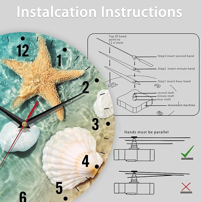 SPUNKER Wall Clock,Beach Seashell Starfish Kitchen Wall Clock,Coastal Clocks 10 Inch Silent Non-Ticking Wall Battery Operated for Living Room Bedroom Bathroom Laundry Room Decor