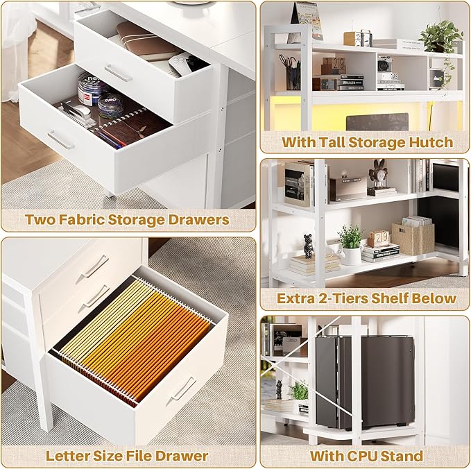 Aheaplus L Shaped Gaming Desk with Hutch, Gaming Desk with Led Lights, Reversible Computer Desk with Power Outlet, Corner Desk with File Drawer & Monitor Stand, Storage Shelves for Home Office, White