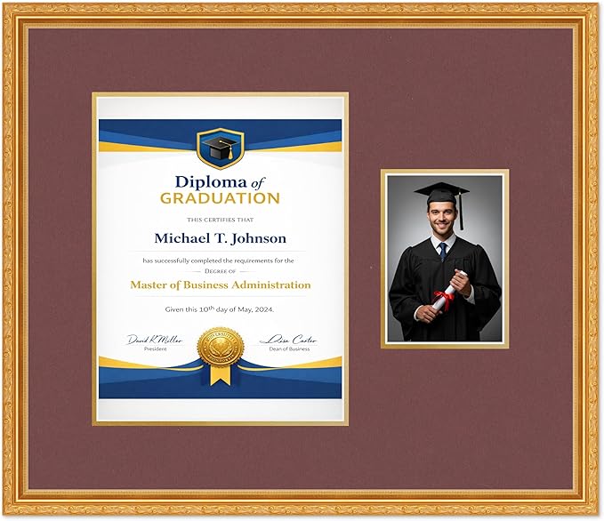 Diploma Frame With Photo Opening Museum Gold Dark Red Over Gold Mat - Fits 10 x 13 Degree and Picture Made in the USA