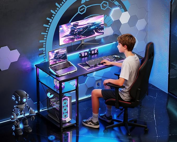 MOTPK 40 Inch Small Gaming Desk with Storage & Led Lights, Computer Desk with Shelf, Reversible Gamer Desk with Monitor Stand, Carbon Fiber Texture Black