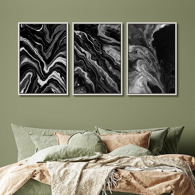 SIGNFORD Framed Wall Art Print Set Monochrome Swirl Abstract Contemporary Black and White Digital Art Modern Art Contemporary for Living Room, Bedroom, Office - 24"x36"x3 WHITE
