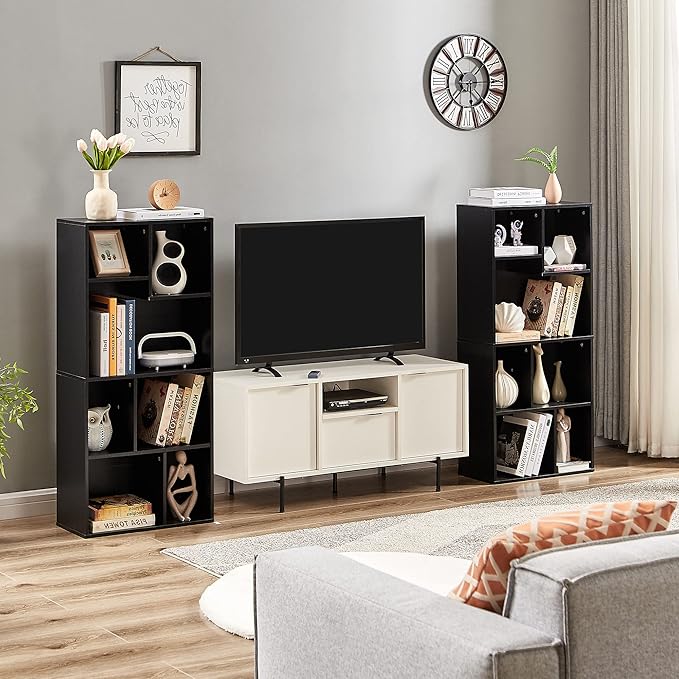 VECELO 42 Inch High Bookcase, 4-Tier Modern Storage Cabinet with Height Difference Shelves for Standard Textbooks, Floor Standing, 7 Cubes, Horizontal Available, Easy Assembly, Vintage Black