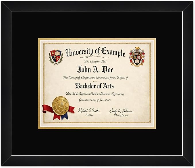 CountryArtHouse Diploma Frame Fits 11 x 8.5 US Letter Certificate - Keepsake Graduation Display Matte Black Genuine Hardwood with Black Over Metallic Gold Double mat