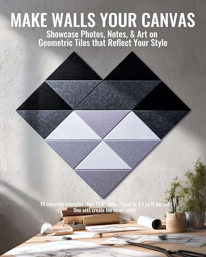 Felt Wall Tiles Bulletin Board, Modular Decorative Panels for Home Office, Kids Room, Classroom, DIY Geometric Design, Creative Photo Display Board, 18 Pack 11.8" Triangle Tiles(Ether)