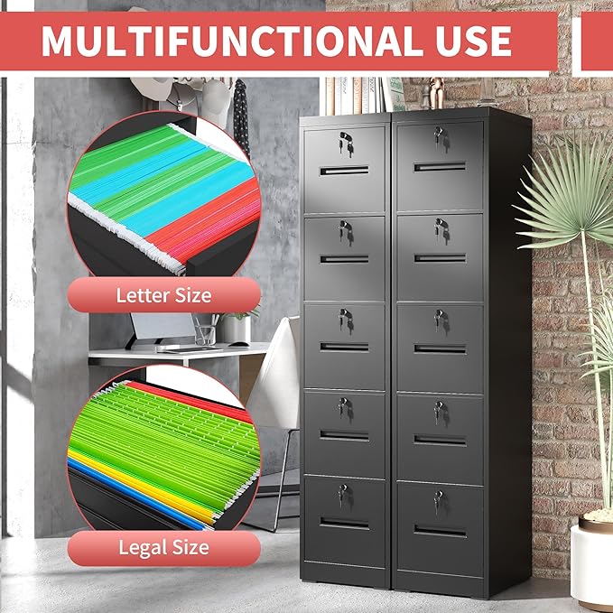 5 Drawer File Cabinet with Lock,Vertical Filing Cabinet with 5 Lockable Drawers,Black Metal File Cabinet for Home Office Steel File Cabinets for A4/Letter/Legal Size File,Assembly Required