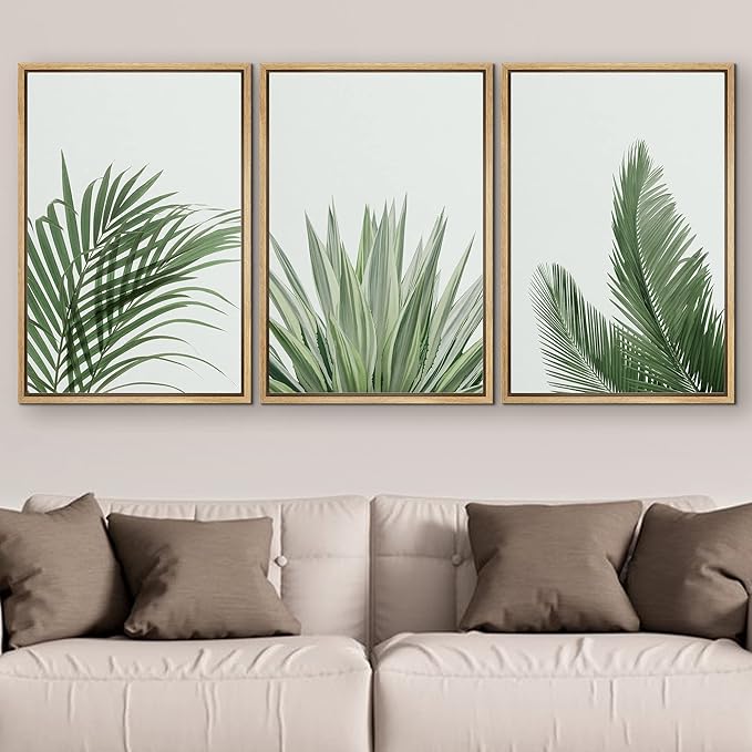 SIGNFORD Framed Canvas Print Wall Art Set Rustic Green Retro Tropical Jungle Plants Nature Wilderness Photography Modern Minimal Scenic Relax/Calm for Living Room, Bedroom, Office - 24"x36"x3 Natural