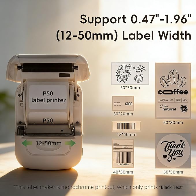 P50 2 Inch Label Makers, Bluetooth Label Maker Printer with 1pc 40x30mm Label, Portable Thermal Printer for Small Business, Retail, Clothing, Jewelry, QR Code Support Phone & Pc (White)