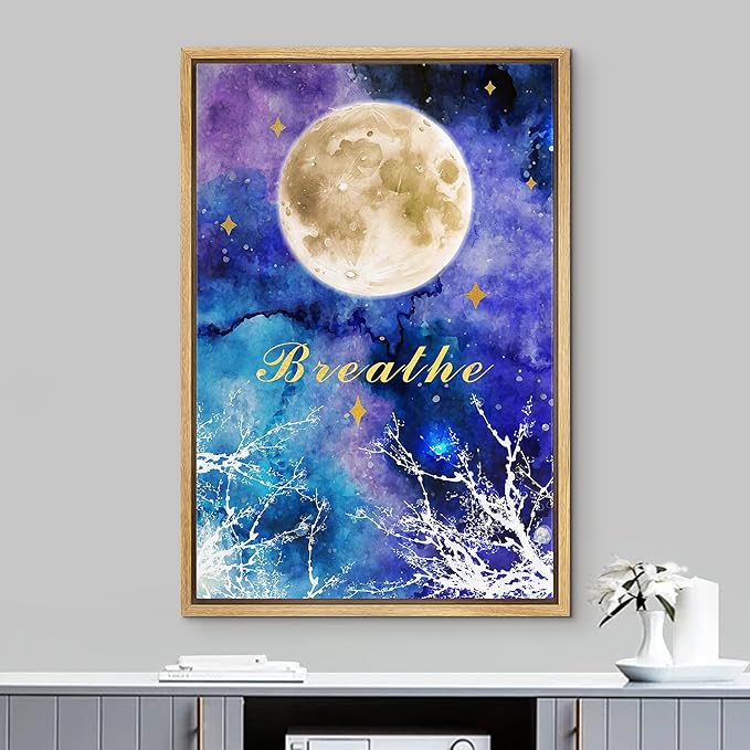 IDEA4WALL Framed Canvas Print Wall Art Breathe Watercolor Galaxy with Harvest Moon Astronomy & Space Sky Illustrations Modern Art Glam Colorful for Living Room, Bedroom, Office - 24"x36" NATURAL