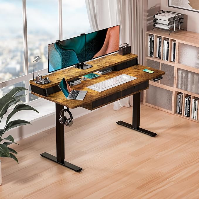 Kingant 48 x 24 Inch Electric Standing Desk with 4 Drawers, Height Adjustable Sit to Stand Computer Desk with Storage Shelf and C-Clamp Mount Compatibility for Home Office, Rustic Brown