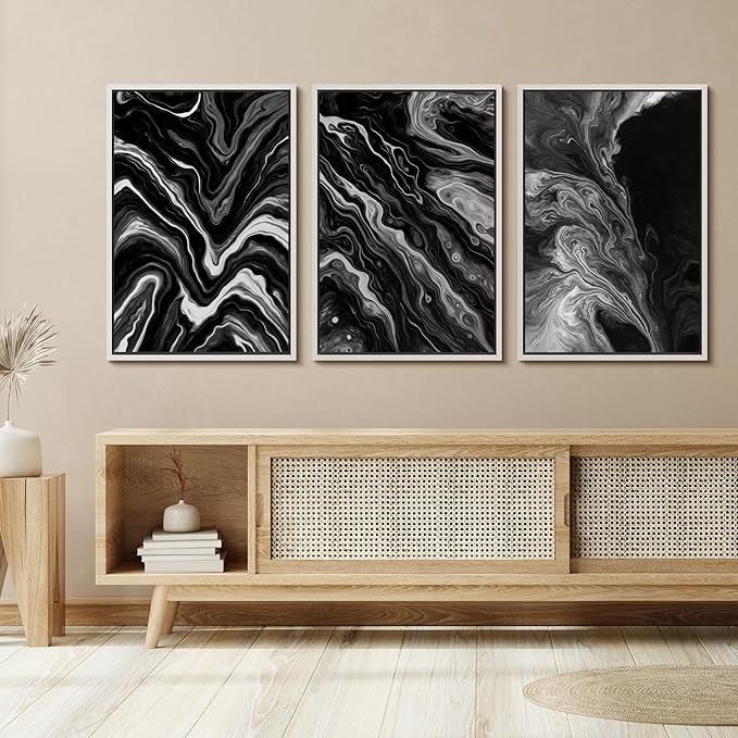 SIGNFORD Framed Wall Art Print Set Monochrome Swirl Abstract Contemporary Black and White Digital Art Modern Art Contemporary for Living Room, Bedroom, Office - 24"x36"x3 WHITE