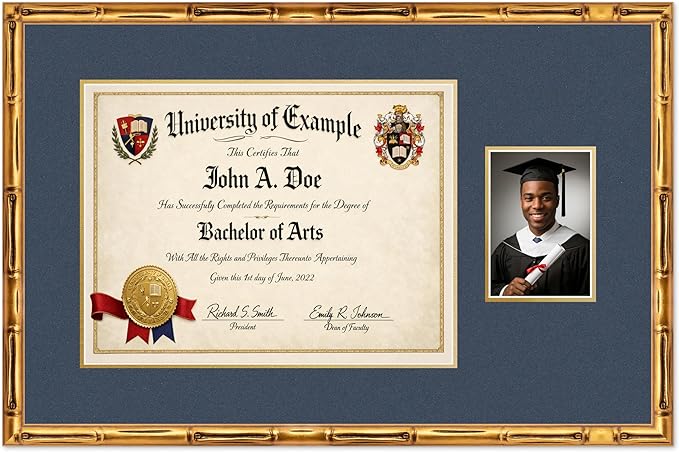 CountryArtHouse Fits 17 x 13 International Diploma and 5 x 7 Photo Diploma and Photo Frame Gold Bamboo Genuine Hardwood with Navy Blue Over Metallic Gold Double mat