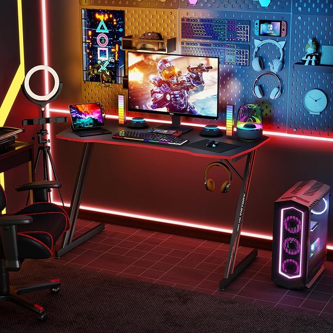 BestOffice 39" Gmaing Desk Computer Gaming Desk Z Shaped Gaming Workstation Ergonomic Gaming Table with Headphone Hook for Game Players,Black&Red