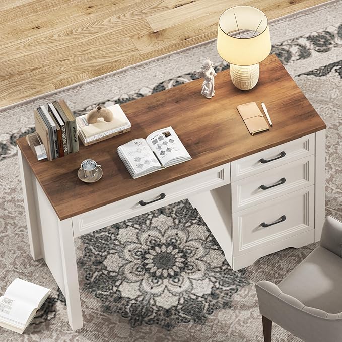 Vabches Farmhouse Executive Desk with Drawers, Home Office Desk with File Drawer, Wood Computer Desk with Ample Storage, Rustic Office Desk with Spacious Tabletop for Work, White