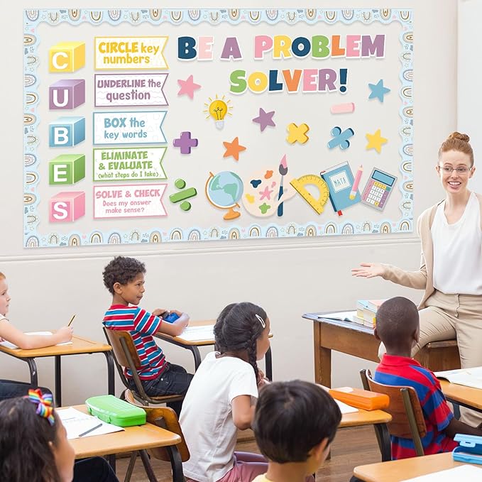 Pajean Math Bulletin Board Mathematics Cubes Classroom Decoration Be a Problem Solver Boho Cutout for Back to School First Day Window Door Wall Elementary Preschool Teacher Supplies
