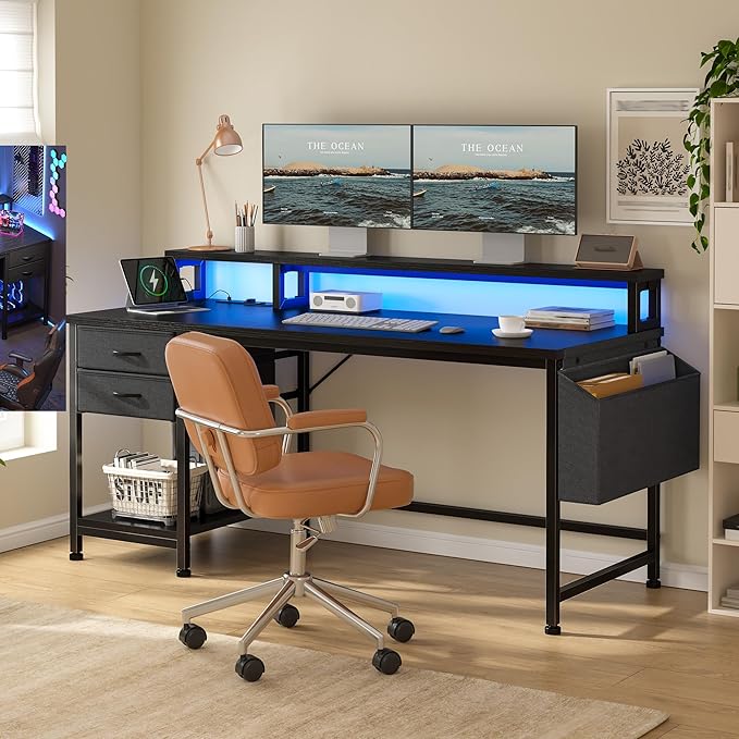 48" Computer Desk with Drawers & Storage Bag, Gaming Desk with Power Outlets and LED Lights, Office Desk with Monitor Stand for Bedroom Gaming Room, Study Work Home Office, Black