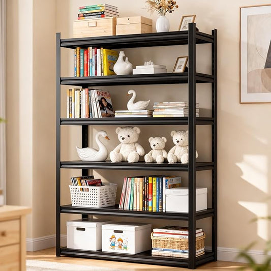 45" W*77" H Book Shelf，6 Tier Metal Wide Bookshelf，Heavy Duty Book Shelfs，Adjustable Shelving Unit，Tall Bookcase，Industrial Bookshelf for Living Room，Bedroom，Office and Library