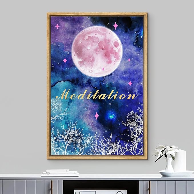 IDEA4WALL Framed Canvas Print Wall Art Meditation Watercolor Galaxy with Pink Moon Astronomy & Space Sky Illustrations Modern Art Glam Colorful for Living Room, Bedroom, Office - 16"x24" NATURAL