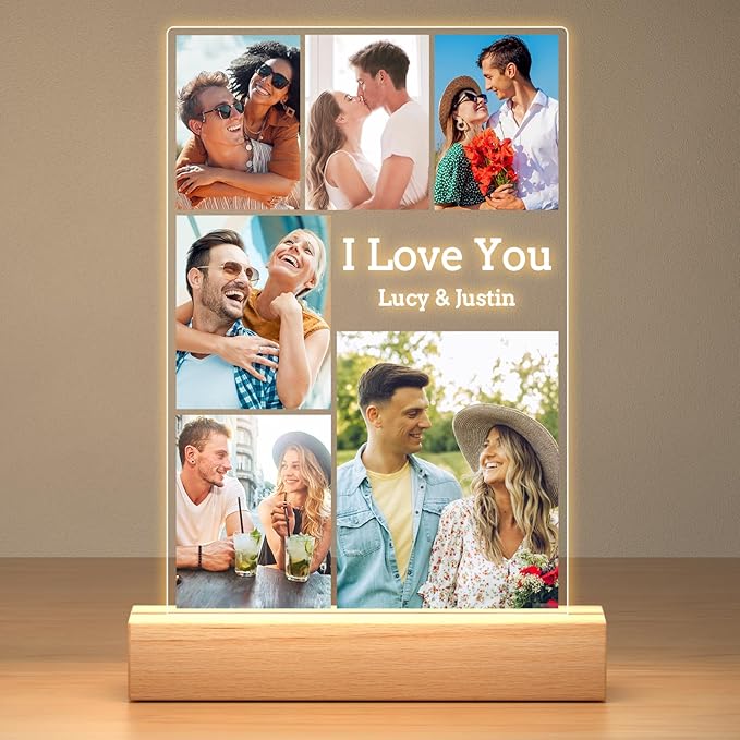 Custom Picture Frames with Photo, Personalized Photo Frame with Night Light, Customized Picture Frame, Personalized Anniversary Birthday Gifts for Women Men Her Him Girlfriend Boyfriend Couple