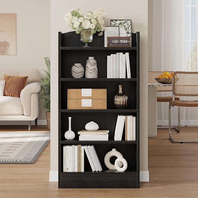 5-Shelf Multi-Functional Modern Wood Bookcase with Curved Design, Dust-Proof Baffle, and Sturdy Construction for Home Office, Black