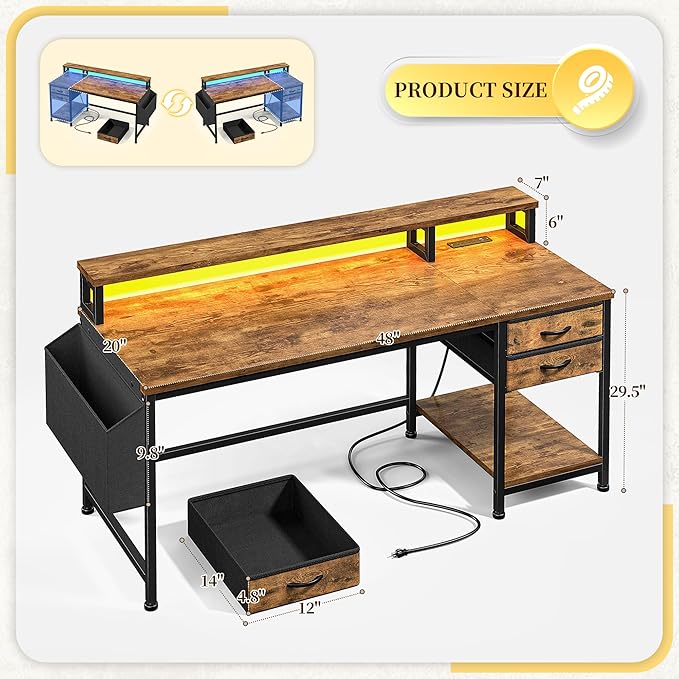 48" Computer Desk with LED Strip, Gaming Desk with Drawers & Storage Bag, Office Desk with Power Outlets & Monitor Stand, Home Office Desks for Bedroom, Gaming Room, Rustic Brown
