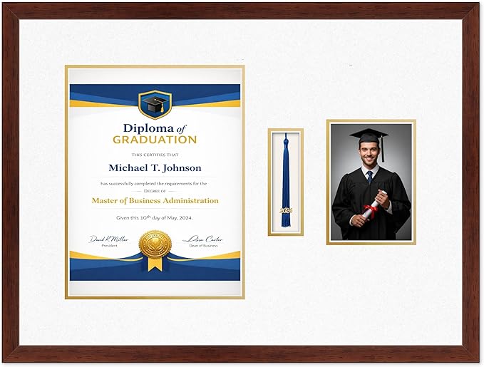 Diploma Tassel and Photo Frame Rustic Walnut Shadowbox Oyster Shell Over Gold Mat - Fits 10 x 13 Degree Picture Made in the USA