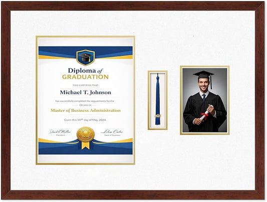 Diploma Tassel and Photo Frame Rustic Walnut Shadowbox Oyster Shell Over Gold Mat - Fits 10 x 13 Degree Picture Made in the USA