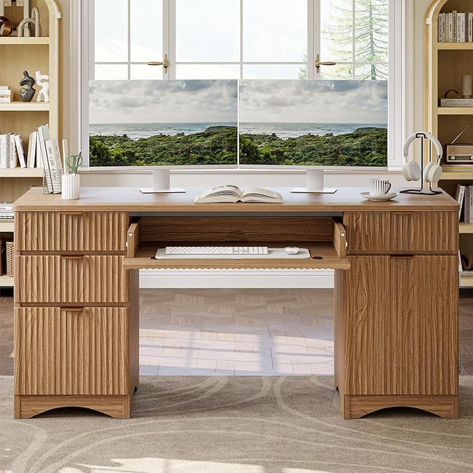 Bestier 63 Inch Fluted Executive Desk with Drawers, Wood Computer Desk with Ample File Drawer, Keyboard Tray & Storage Cabinet, Modern Home Office Desk for Study, Bedroom, Living Room, Brown