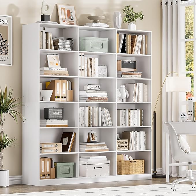 White Bookcase with 18 Display Shelves, Triple Column Book Case, 1PC 6 Tier Large Bookshelf, Freestanding Storage Shelf for Bedroom Living Room Home Office