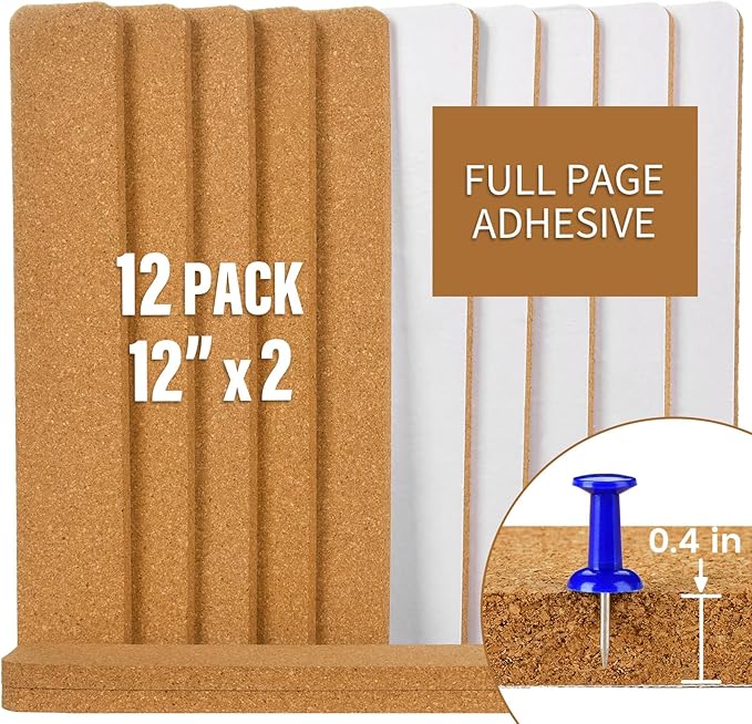 12 Pack Self Adhesive Cork Board Strips for Office, Home, Classroom with 100 Push Pins