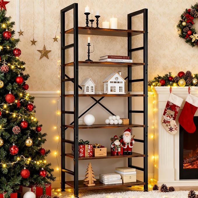 6 Tier Bookshelf, 72'' Tall Bookcase, Book Storage Shelves, Wood Book Shelf Organizer for Bedroom, Living Room and Home Office, Vintage