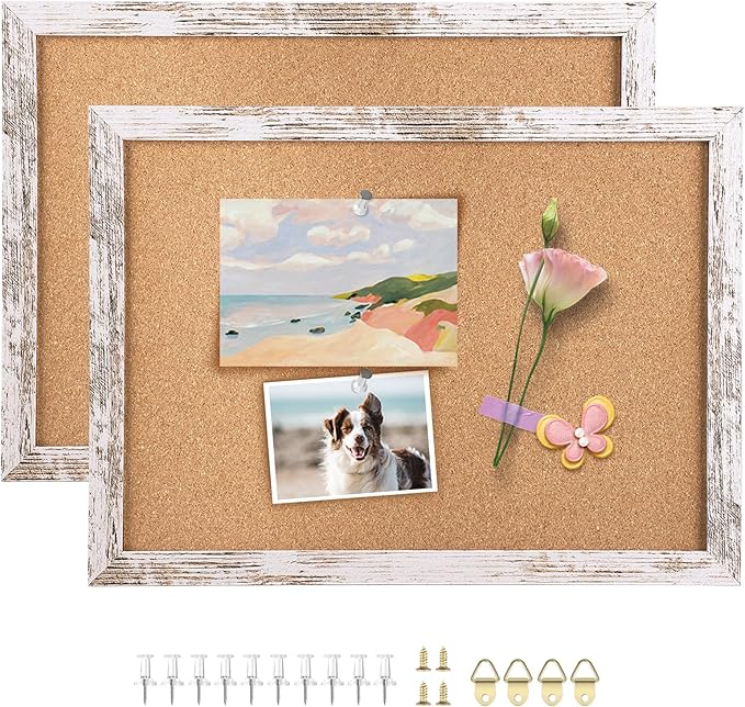 Cork Board Bulletin Board, Decorative Hanging Framed Cork Boards for Walls, Pin Board Vision Board for School Home Kitchen and Office, Bulletin Board with White Wood Frame (4333,WH,2pc)