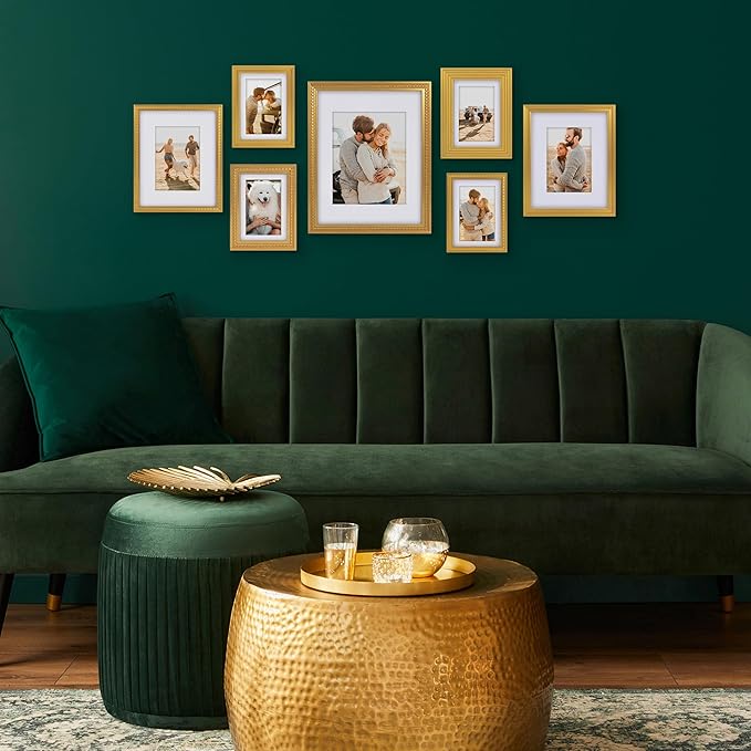 Americanflat Set of 7 Vintage Gold Frames with Polished Clear Glass - Gallery Wall Frame Set with One 11x14 Frame, Two 8x10 Frames, and Four 5x7 Frames - Antique Frames for Tabletop or Wall Display